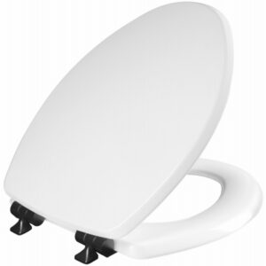 Benton Slow Close Wood Toilet Seat, White, Never Loosens Black Hinge, Elongated