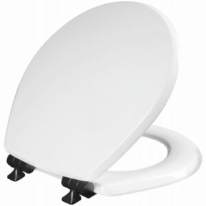 Benton Slow Close Wood Toilet Seat, White, Never Loosens Black Hinge, Round