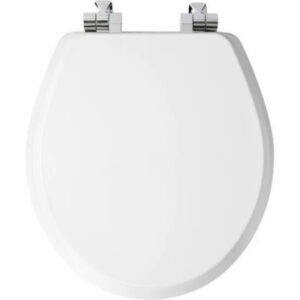 Benton Round Wood Toilet Seat, White Enamel, Never Loosens, Slow-Close Chrome Hinge