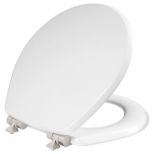 Benton Round Wood Toilet Seat, White Enamel, Never Loosens, Slow-Close Brushed Nickel Hinge