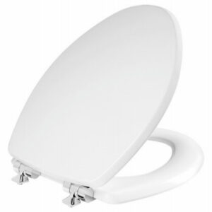 Benton Elongated Wood Toilet Seat, White Enamel, Never Loosens, Slow-Close Chrome Hinge