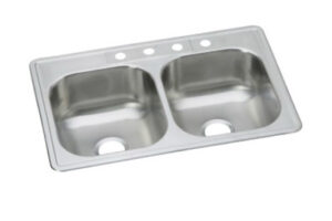 Dayton Stainless Steel Kitchen Sink, Satin Finish, Double Bowls, 4 Holes, 33 x 22 In.