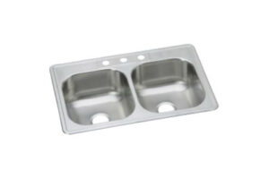 Dayton Stainless Steel Kitchen Sink, Satin Finish, Double Offset Bowls, 3 Holes, 33 x 22 In.